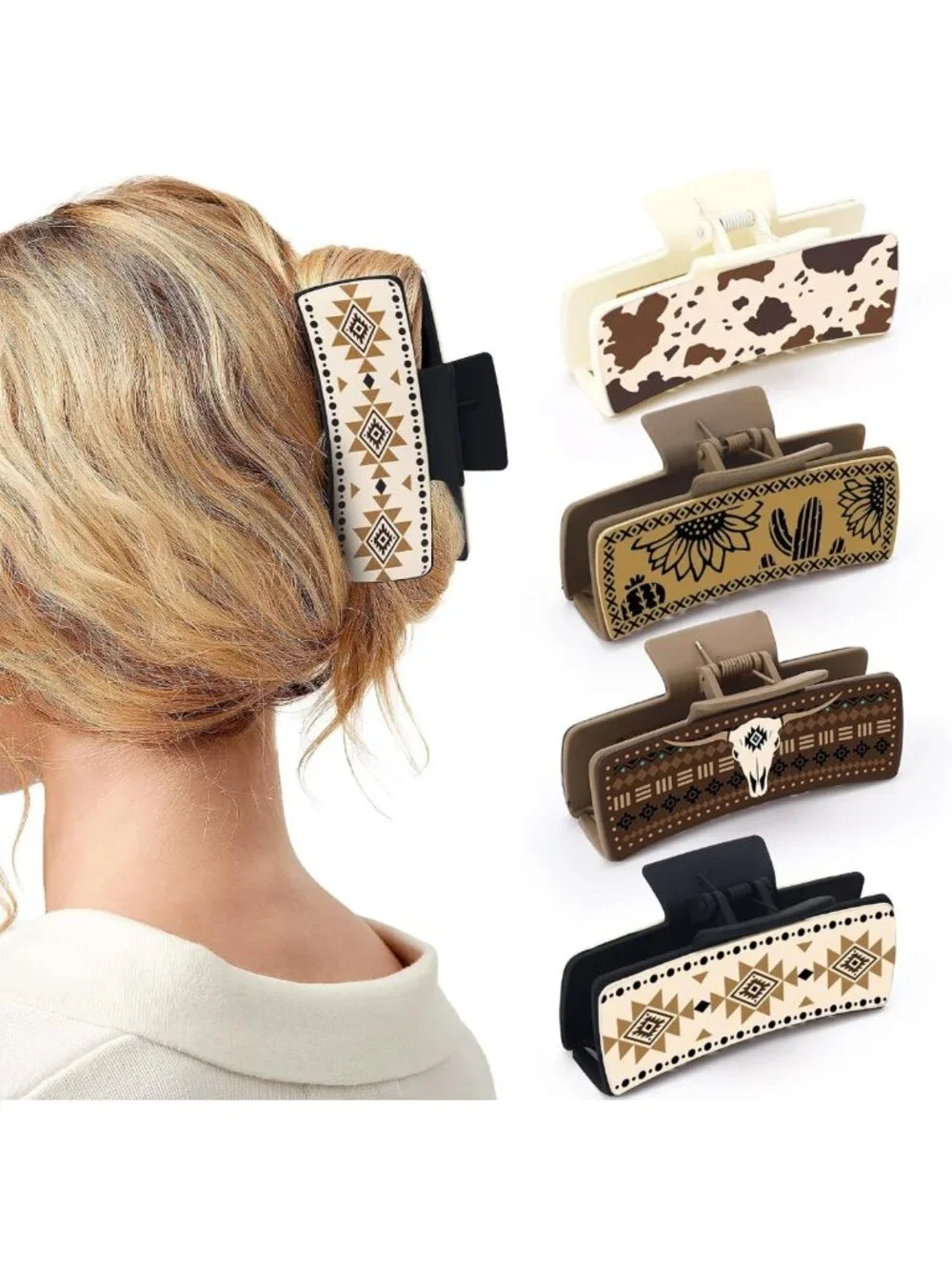Large Western Floral Hair Claw Clips - Sunflower & Cow Print Hair Accessories